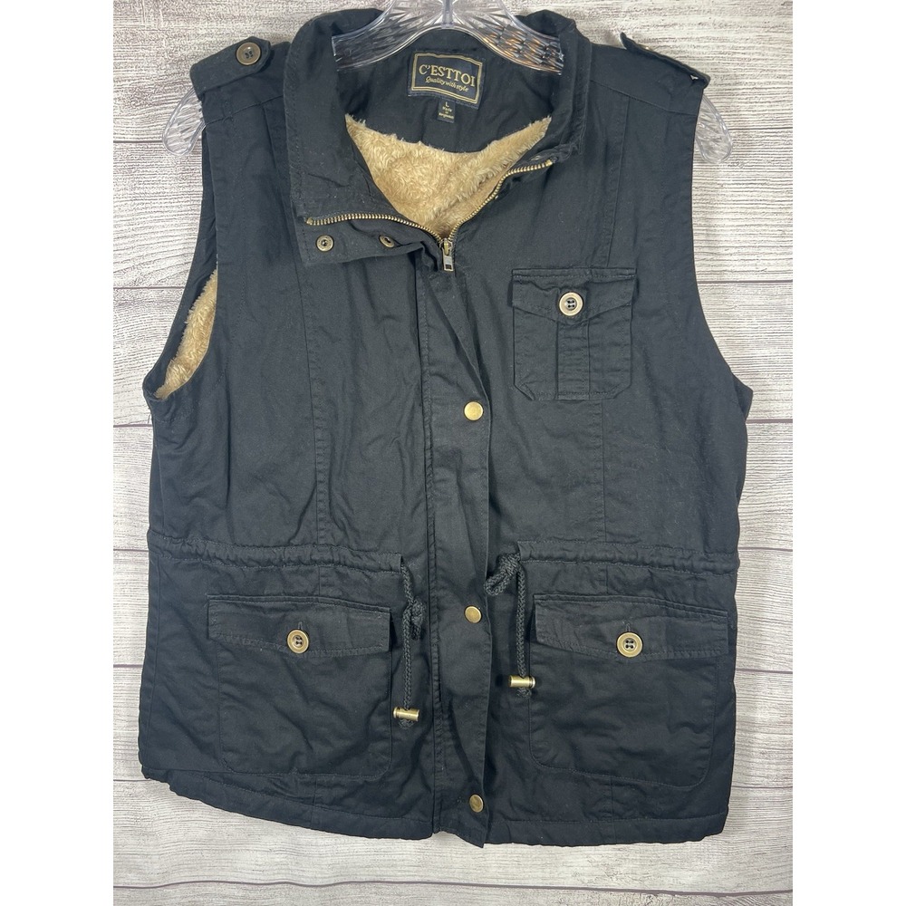 C'Esttoi Women's Black Sherpa Lined Utility Cargo Vest Zip Snap Pockets Size L